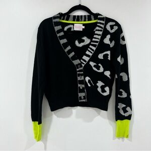 Brodie Cashmere Black and Gray Cardigan with Neon Highlights/ Cheetah Print